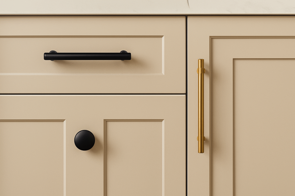 A close-up view of beige shaker-style cabinets featuring modern hardware. The cabinet on the left has a matte black cylindrical pull handle, while the cabinet on the right showcases a sleek brushed brass vertical bar handle. A round matte black knob is positioned on the lower cabinet door. The light beige finish and soft lighting enhance the modern, elegant look of the cabinetry.