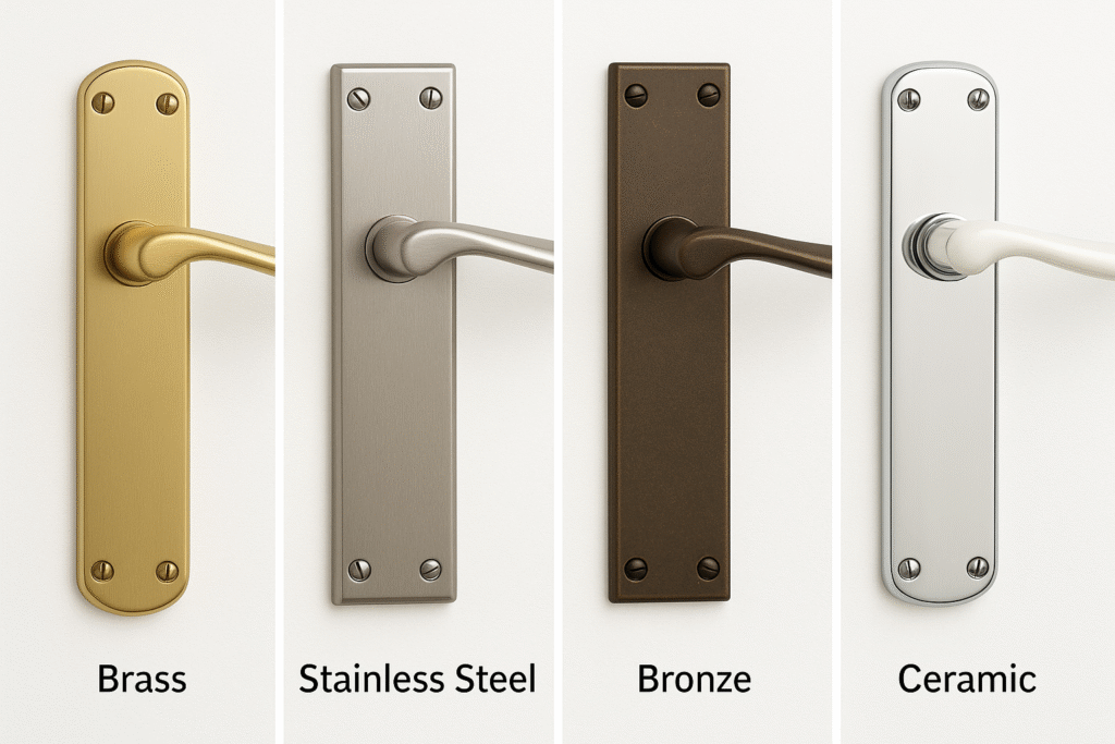 Brass, stainless steel, and chrome door handles displayed side by side 