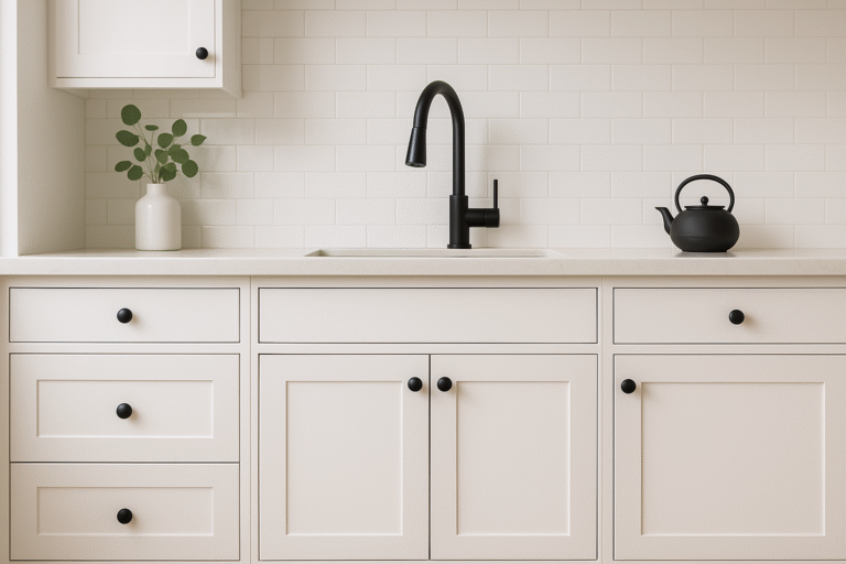 Modern white kitchen cabinets with matte black round knobs, complemented by a sleek matte black faucet and a black teapot on the countertop, creating a stylish contrast with the bright, minimalist decor.