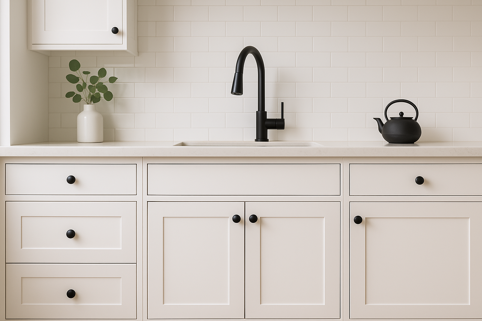 Modern white kitchen cabinets with matte black round knobs, complemented by a sleek matte black faucet and a black teapot on the countertop, creating a stylish contrast with the bright, minimalist decor.