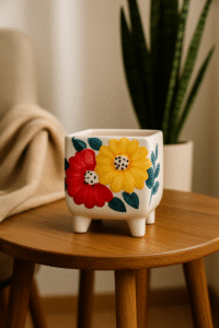 Elegant Ceramic Flower Planter with 4-Leg Base – Handmade Square Pot