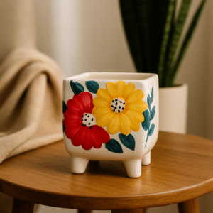 Elegant Ceramic Flower Planter with 4-Leg Base – Handmade Square Pot