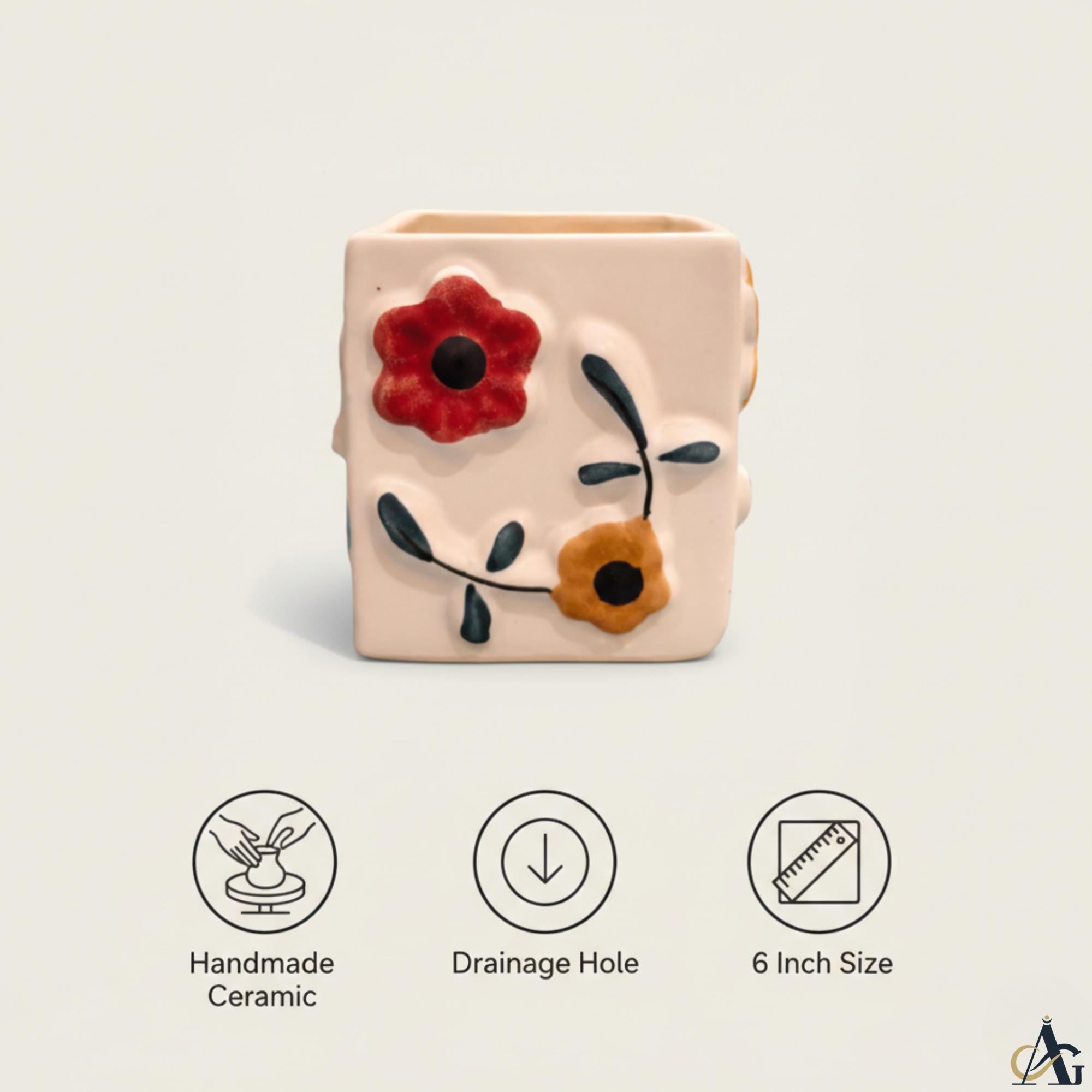 Ceramic Flower Planter – Premium Handcrafted 4.3” Square Pot - Image 5